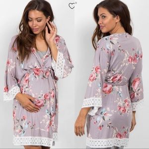 PinkBlush Grey Rose Floral Lace Trim Delivery/Nursing Maternity Robe
